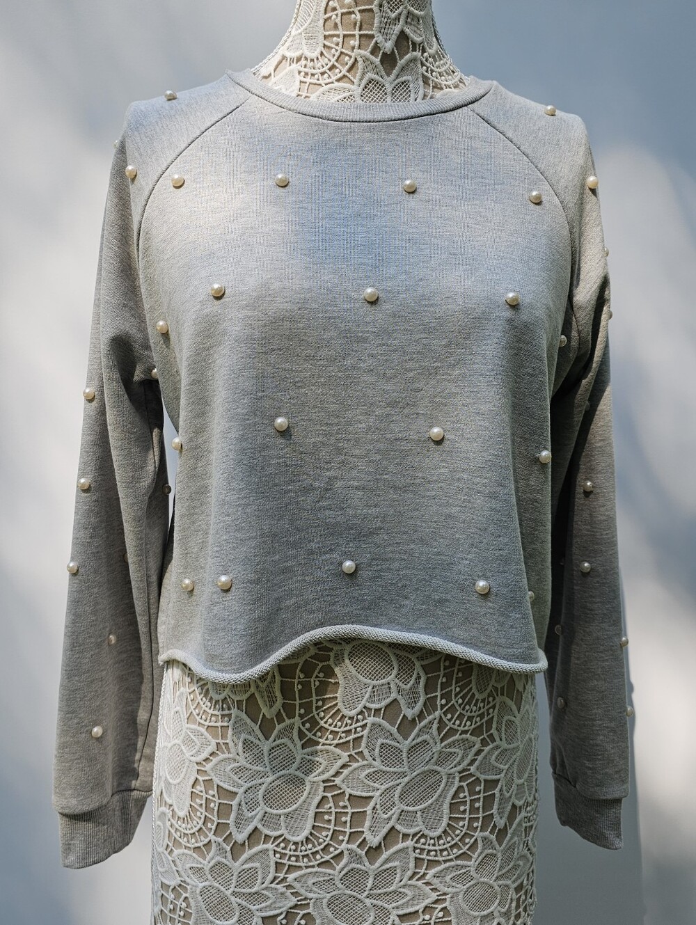Free Generation | Pearl Embellished Cropped Sweatshirt | Gray | L | NWT